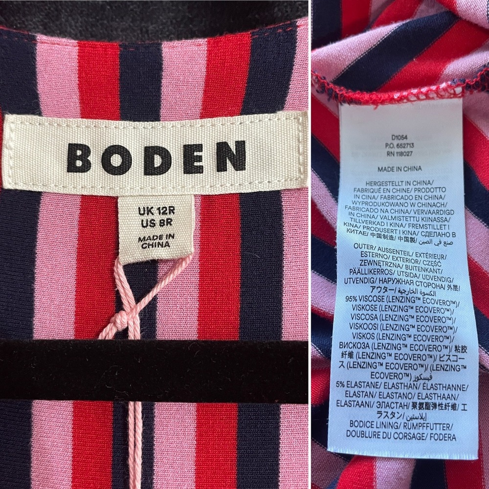 NWT Boden Kristen Pleated Jersey Dress Striped Red Pink Navy Romantic US 8R - Picture 9 of 15